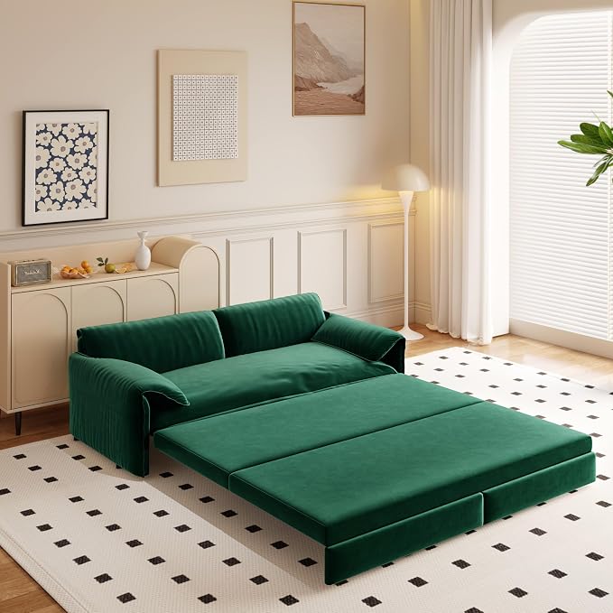 66" Sofa Bed Queen Size, Pull Out Couch Bed, 3-in-1 Convertible Sleeper Sofa with Side Pocket, Modern Velvet Futon Couch for Living Room, Small Space, Apartment, Bedroom, Green