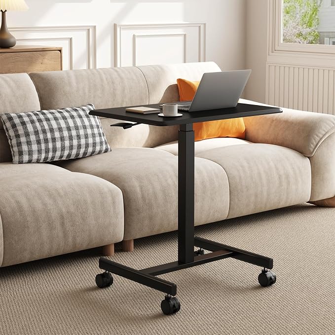 OLIXIS Mobile Rolling Desk with Wheels Small Standing Laptop Desks Portable Pneumatic Adjustable Height Sit Stand Table Computer Workstation for Home Office Black