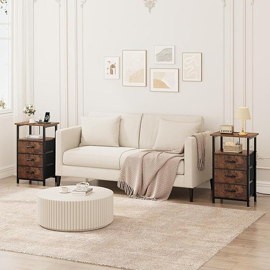 Vagusicc Nightstand Set of 2 with Charging Station, Bedside Table with USB Ports & Outlet, Side End Table with 3 Fabric Drawers & Storage Shelf, Bed Side Table Night Stand for Bedroom, Rustic Brown
