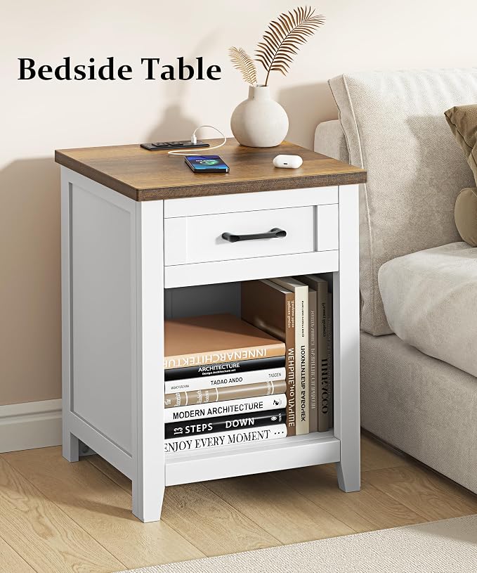 Decofy Farmhouse Nightstand with Charging Station & Large Storage, Modern End Tables with Outlets, USB Ports and Type-C Ports, Easy Assembly for Bedroom (Pure White + Walnut)