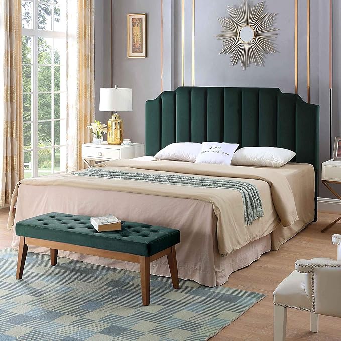 24KF Velvet Upholstered Buttons Tufted Entryway Bench with Solid Wood Leg,Bed Bench Ottoman with Padded Seat,5034-Jade