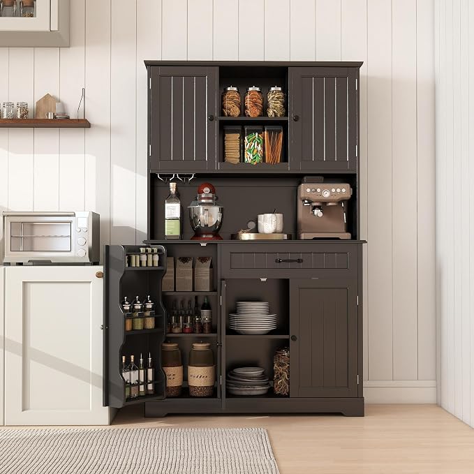 Gizoon Kitchen Pantry Cabinet with Countertop Kitchen Hutch Storage Cabinet 67.7" Tall Pantry Coffee Bar with Storage for Dining Room and Craft Room, Painted Black