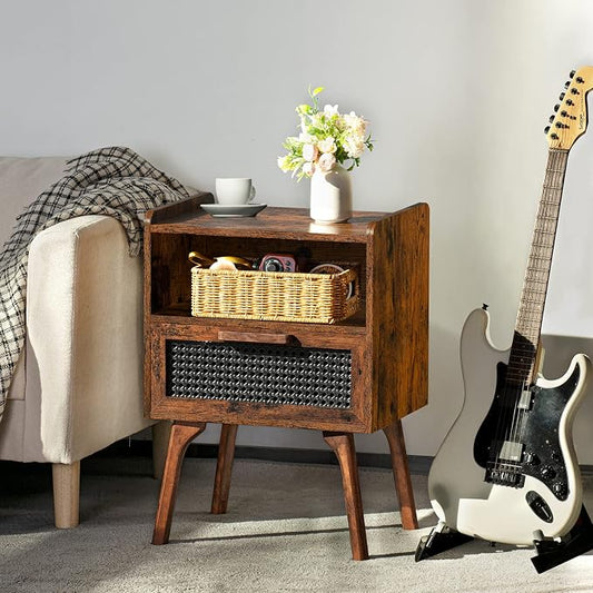 Lerliuo Rattan Nightstands Set of 2, Boho Side Table with Drawer Open Shelf, Cane Accent Bedside End Table with Solid Wood Legs for Bedroom, Dorm and Small Spaces (Brown)