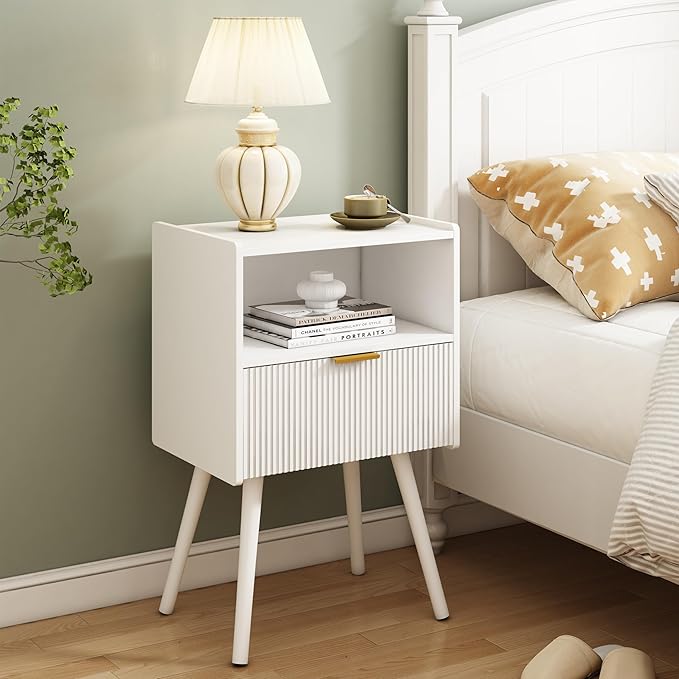 JOONEE White Nightstand,Modern Bedside Table with Storage Drawer and Open Wood Shelf, for Living Room, Bedroom and Small Spaces, Accent Night Stand with Solid Wood Legs, Easy Assembly,Classic White