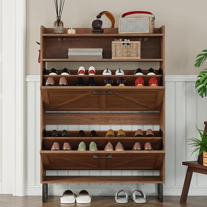BORNOON Shoe Cabinet with 2 Flip Drawers Narrow Shoe Storage Cabinet Organizer Wooden Freestanding Rack Hidden Slim Storage for Entryway, Hallway, Living Room, Bedroom