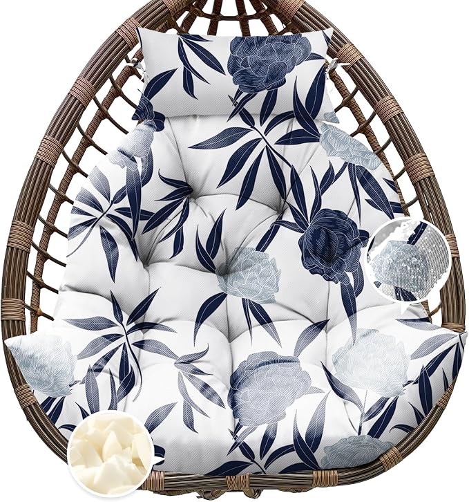 Outdoor Hanging Egg Chair Cushion Replacement, Extra Large Waterproof Egg Swing Cushions with Headrest Pillow and Ties, U-Shaped Thickened Cushion for Hanging Eggs Chair (Blue Enchantress)