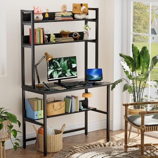 Aquzee Computer Desk with Hutch, 40“W x 19.6" D Desk with Shelves, Tall Home Office Desk with Bookshelf, Metal Legs Study Table with Upper Storage Shelf for Study Writing/Workstation, Black