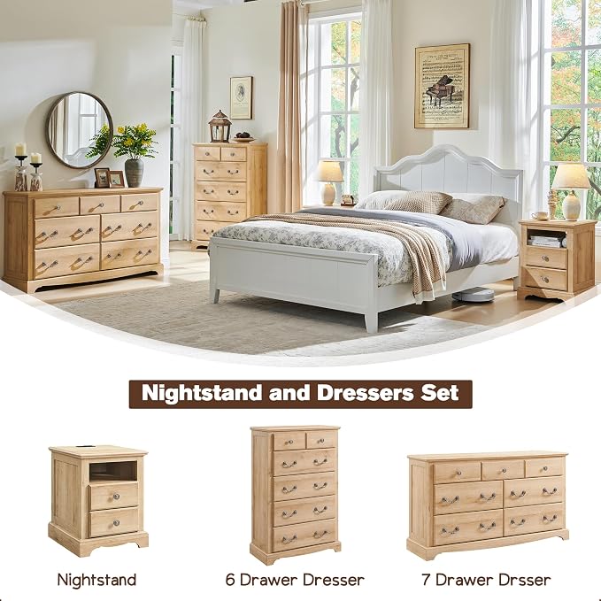 T4TREAM Farmhouse Dresser and Nightstand Sets of 3, 48" Tall 6 Drawers Dresser & 2-Drawer Nightstands Set, Wood Bedroom Furniture Set for Home, Hallway, Bedroom, Natural Oak