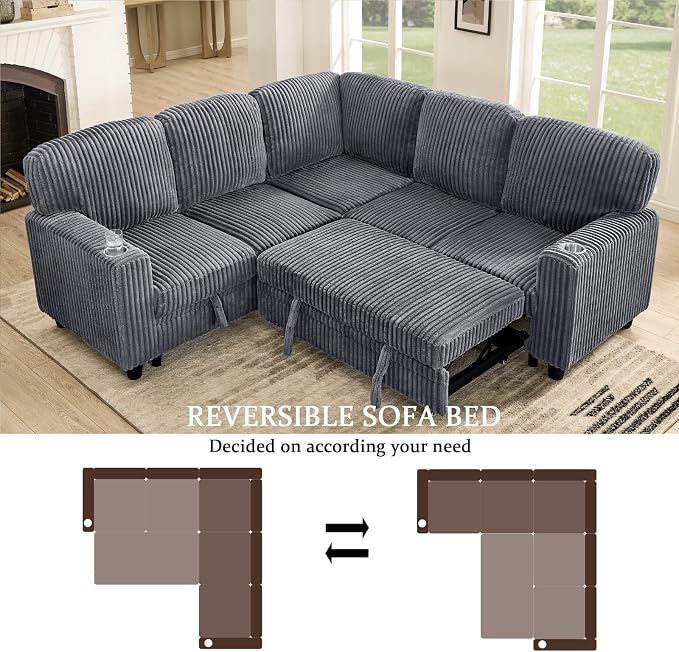 Sectional Sleeper Sofa with Pull Out Bed, Plush Corduroy L Shaped Corner Couch with Storage, USB Ports, Cup Holders, Comfy Sectional Couches for Living Room, Grey