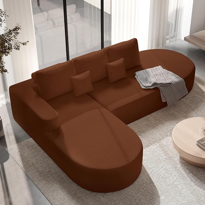 112" Modular Curved Sofa, Oversized Couches for Living Room, Modern Cloud Couch with Deep Seat, Corduroy Foam Couch, No Assembly Required, Red Brown, 1PCS