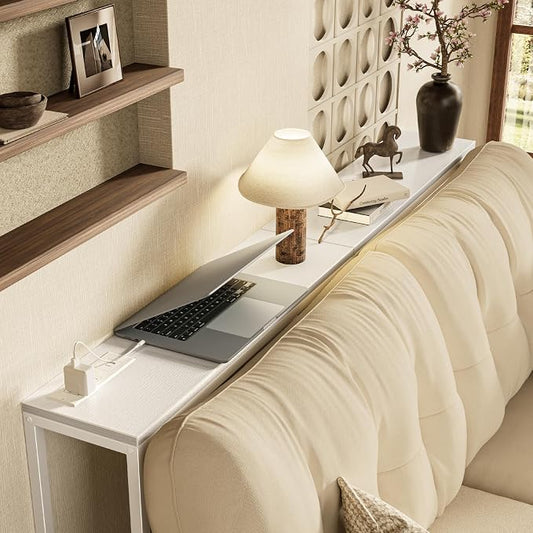 SUPERJARE Console Table with Outlet, 63 Inch Sofa Table with Charging Station, Narrow Entryway Table, Skinny Hallway Table, Behind Couch Table, for Living Room, Plants, White
