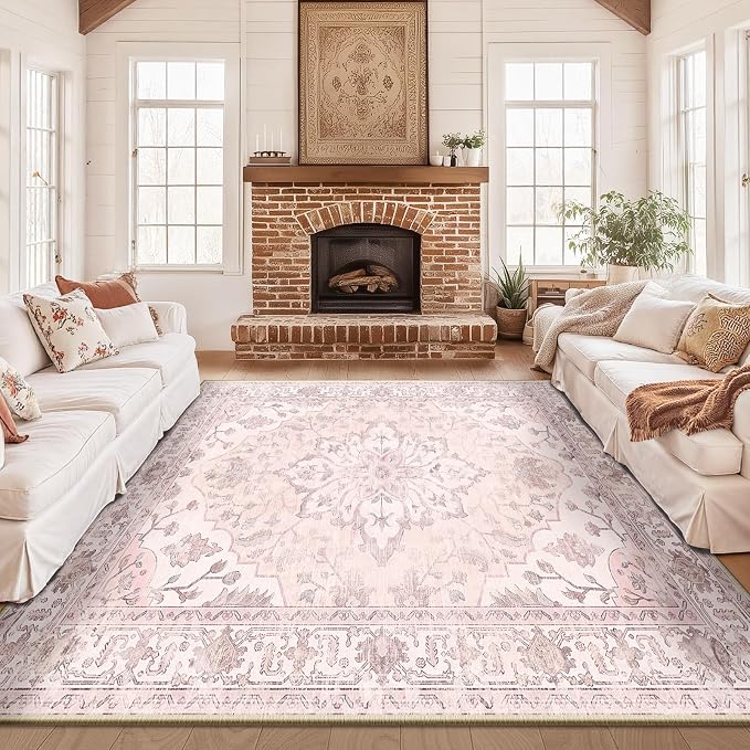 RELEANY Area Rugs Large 10'x12' Washable Non-Slip, Floral Vintage Distress Medallion Carpet for Living Room Bedroom Dining Room, Pink Greypink Cute