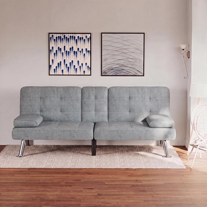 Flamaker Futon Sofa Bed Modern Folding Futon Set Linen Fabric Convertible Recliner Lounge for Living Room with 2 Cup Holders, Removable Armrests (Fabric, Light Grey)