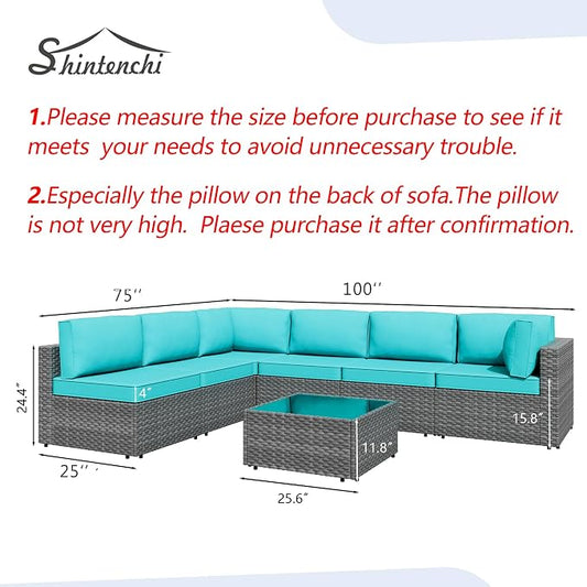 7 Piece Outdoor Patio Furniture Set, Silver Rattan Wicker Sectional Sofa, All Weather Conversation Set with Washable Cushions & Glass Coffee Table for Backyard Poolside Garden Porch,Blue