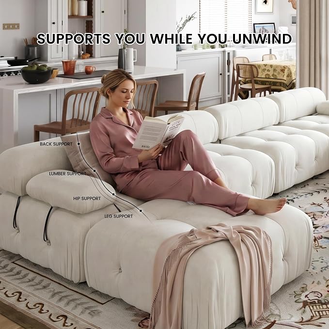 Modern Velvet Sectional Sofa, U Shape Minimalist Modular 6-Seater Couch with 2-Ottomans for Living Room Office Apartment (138in/Beige)