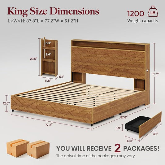 King Size Bed Frame with 2 Bedside Stoage Racks & 4 Locking Drawers, 51.18" Tall Headboard with Charging Station & RGB LED Lights, Farmehouse Platform Bed Frame, No Box Spring Needed, Brown