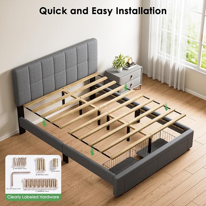 Marsail Queen Bed Frame with 2 Storage Drawers, Sturdy & Durable with 12 Support Legs, 1300 lbs Capacity, Solid Wooden Upholstered Adjustable Headboard for 6″–12″ Mattresses, Easy Assembly, Dark Gray