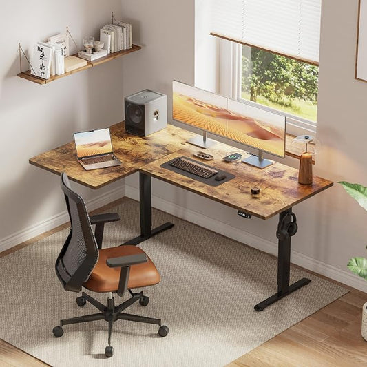 Klicelor L Shaped Standing Desk, 59 Inch Electric Height Adjustable Desk with Memory Preset, Reversible Sit Stand Up Computer Workstation for Home Office, Splice Board, Rustic Brown