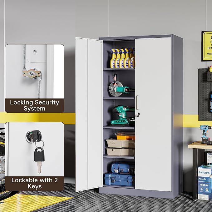 Metal Storage Cabinet with Lock,71" Garage Cabinets with 2 Doors and 4 Adjustable Shelves, Steel Locking Caninets Tall Tool Storage Cabnet, Lockable File Caninet for Home Office, Pantry