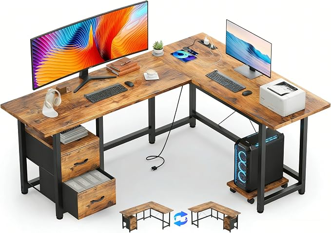 Gizoon 66 Inch L Shaped Home Office Desk with Power Outlets, Reversible Corner Computer Gaming Table with Large Drawers & CPU Stand, Rustic Brown