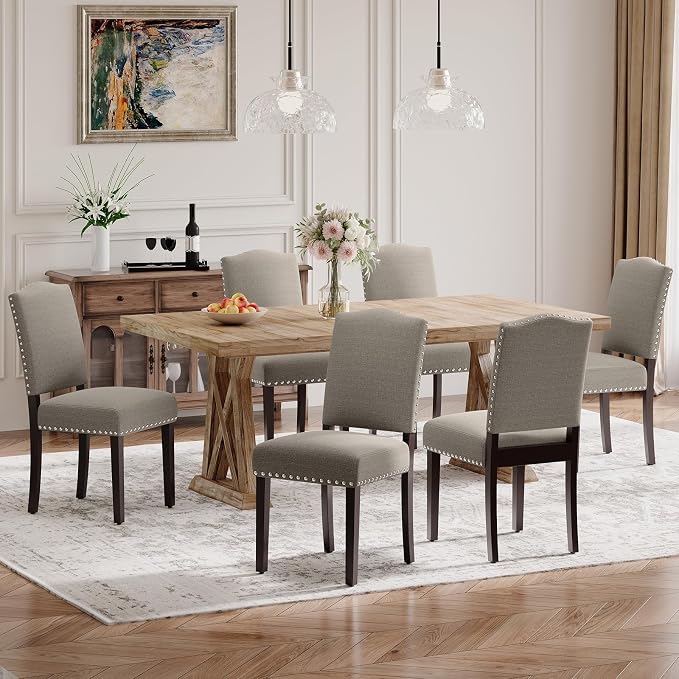 Upholstered Parsons Dining Chairs Set of 6, Modern Dining Room Chairs with Back, Fabric Kitchen Side Chairs with Wood Legs, Nailhead Trim for Dinner Farmhouse Restaurant, Taupe
