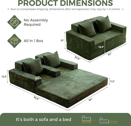 MAXYOYO Loveseat Sofa Bed, 64" Foldable Floor Sofa Couch in A Box with 2 Cup Holders, 4 in 1 Convertible Boneless Couch Folding Recliner Chair for Living Room, No Assembly Required, Green