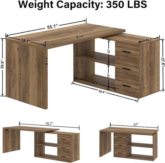 HSH L Shaped Office Desk with Drawers Shelves 55-76 Inch, Corner Computer Desk with Storage 360 Rotating Long for Work, Executive, Study, Writing, Teacher, Bedroom Modern Gaming Table Farmhouse