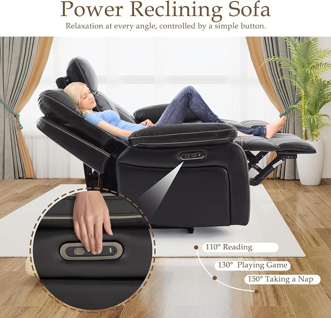 Power Reclining Sofa Set, Power Recliner Sofa and Loveseat Set with LED Light/Bluetooth Speakers, Electric Reclining Sofa Couch Living Room Set for Home, Office(Black, Sofa+Loveseat) | pu leather