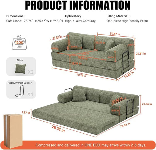 78.8" Memory Foam Boneless Couch, Corduroy Floor Sofa Bed, Convertible Sleeper Futon Loveseat, Wide Armrests & Back Support, Supports Up to 1200 lbs, Couch in a Box with 2 Pillows, Moss Green