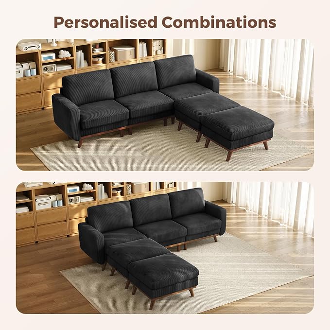 Vesgantti 97" Modular Sectional Sofa Black, U-Shaped Couch with Movable Ottoman, Comfy Corduroy Couch with Spring Cushion, Modular Sofa with Deep Seat for Living Room, Bedroom and Apartment