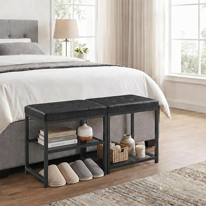 DreamDashio Set of 2 Small Shoe Storage Benches with PU Leather Cushion, 3-Tier Shoe Rack Organizer for Entryway, Metal Mesh Shelves, Holds Up to 300 lbs, Black (31.5"x11.4"x17.5")