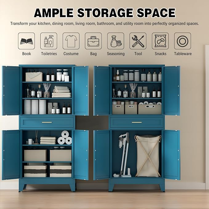 COFaR Farmhouse Storage Kitchen Pantry Cabinet with 4 Barn Door, 4 Adjustable Shelves, Drawer and Legs, for Cupboard/Dining Room/Bathroom/Living Room/Office/Laundry Room(Blue Green, 71" Metal Cabinet)