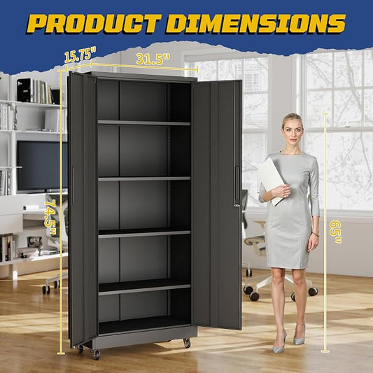Metal Storage Cabinet with Doors and Adjustable Shelves, 73" Steel Garage Storage Cabinets with Wheels, Locking Tool Cabinet Utility Cabinets for Garage,Bathroom,Kitchen,Home Office,School