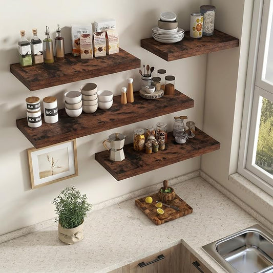 Vivelove 12" Deep Floating Shelves for Wall 16" Long, Wall Shelves for Living Room Bedroom Bathroom Kitchen Laundry Room, Farmhouse Rustic Shelves for Home Decor, 16" X 12" X 2" Set Of 2, Rustic Brown