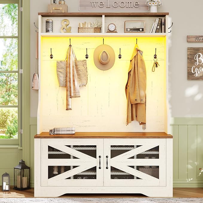 Itaar Hall Tree with Bench and Shoe Storage, 5-in-1 Entryway Bench with Coat Rack, 10 Shoe Cubbies & 9 Coat Hooks, Barn Door & Adjustable Shelf (White)