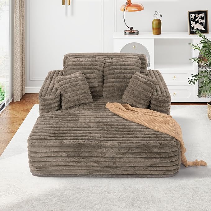 JEEOHEY 56" Oversized Chaise Lounge Chair Indoor,Plush Faux Fur Sleeper Sofa Couch Bed with Pillows&Wide Armrests,Fluffy Comfy Cloud Couch,Compression Foam Couch for Living Room,Bedroom(Brown)