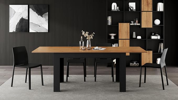 Mobili Fiver, Easy, Extendable Dining Table, 55.1(86.6) x35.4 in, Rustic Oak and Ashwood Black, for 6-8 People, Expandable Dining Table for Kitchen, Italian Furniture