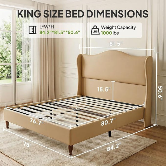 Welzona King Size Bed Frame 51" Tall Wingback Headboard, Soft Fabric Upholstered Platform Bed with Solid Wood Legs and Wooden Slats Support, No Box Spring Needed, Easy Assembly,Fawn Brown