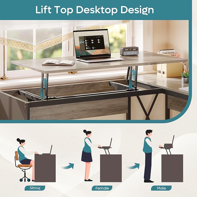 Bestier L Shaped Standing Desk with Lift Top, 55"x55" Standing Corner Desk for Home Office, Computer Desk with Reversible File Drawer and Monitor Stand, Grey Wash