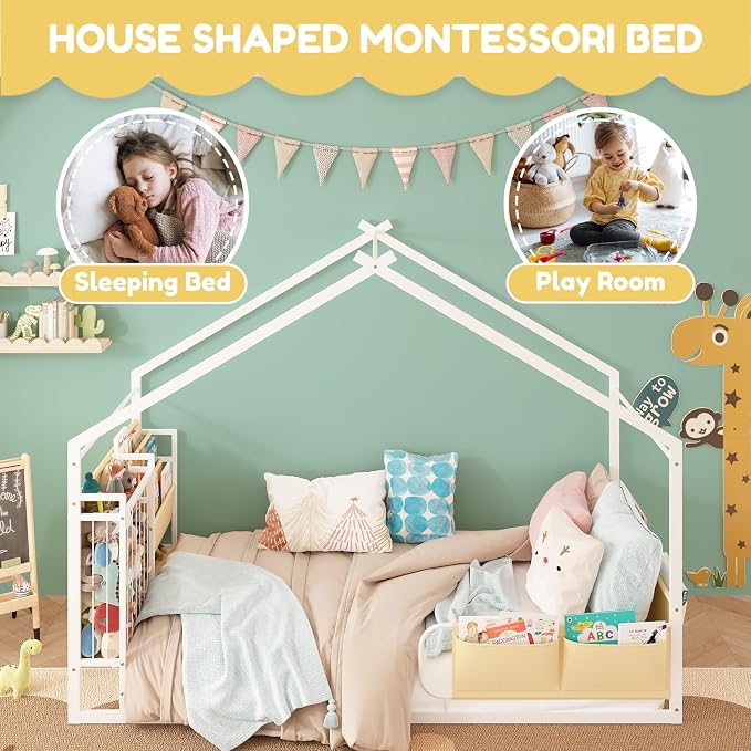 Timy House Bed Metal Montessori Bed with Stuffed Animal Storage & Bookshelf | Stuffed Animal Storage & 3-tier bookshelf. Includes detachable bedside caddies for an all-in-one book storage solution.
