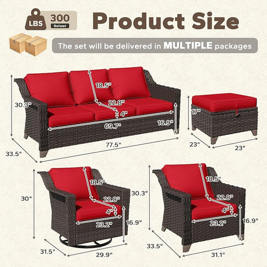 7 Pieces Patio Conversation Furniture Set - 1 Sofa, 2 Armchairs, 2 Ottomans, 2 Swivel Chairs, Outdoor Wicker Furniture with Removable Cushions for Porch, Balcony, Sunroom (Red)