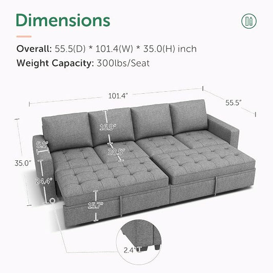 HONBAY Modular Sectional Sleeper Sofa with Pull Out Bed, Linen Convertible Sectional Couches for Living Room,Grey