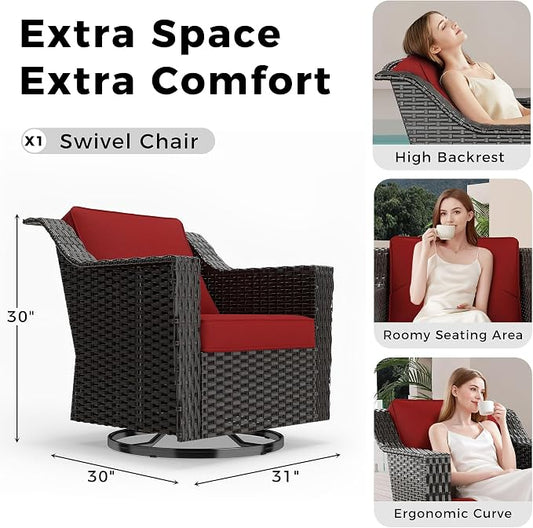 Outdoor Furniture Swivel Chair, Patio Glider Wicker Rocker Seating with Cushions for Porch Deck Balcony (Red)