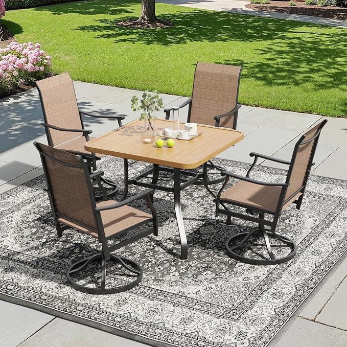 Soohow Patio Dining Set for 4, 5-Piece Outdoor Dining Set 4 x Swivel Patio Chairs and 35"x35" Outdoor Dining Table with 1.57" Umbrella Hole, Wood-Like, for Poolside, Backyard