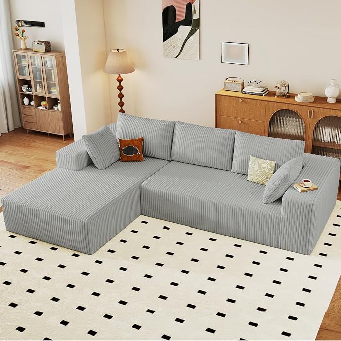 96" Modular Sectional Sofa, Modern Corduroy Cloud Couch with Deep Seat, Boneless Couch Upholstered 3-Seater L-Shaped Sofa for Living Room, No Assembly Required (Light Grey, Left-Facing Chaise)