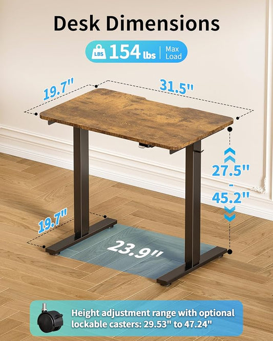 Okin Electric Standing Desk 31.5x19.7 Inches Small Computer Desk-Whole Piece Stand up Desk with Wheels Gaming Rolling Home Office Desks, Rustic Brown