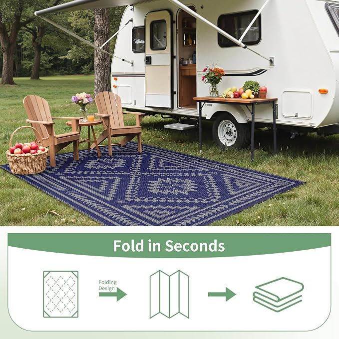 GENIMO Outdoor Rug for Patio Clearance - 5x8 ft Waterproof Plastic Camping Rugs, Reversible Outside Rv Mat Carpet for Porch, Deck, Picnic, Balcony, Beach, Backyard, Blue Grey