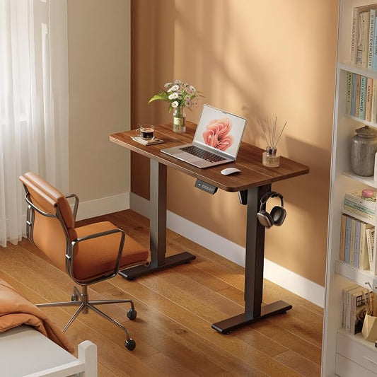 FEZIBO Small Standing Desk, 32 × 19 Inches Electric Height Adjustable, Sit and Stand Up, Computer Office Desk with Splice Board, Black Frame/Black Walnut Top