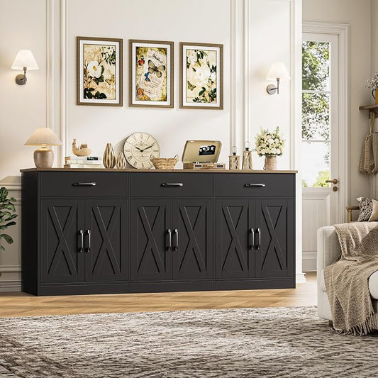 HOSTACK 71" Large Sideboard Buffet Cabinet with Storage, Farmhouse Coffee Bar Cabinet with 3 Drawers, Long Kitchen Buffet Table, Kitchen Sideboard Storage Cabinet for Dining Room, Living Room, Black