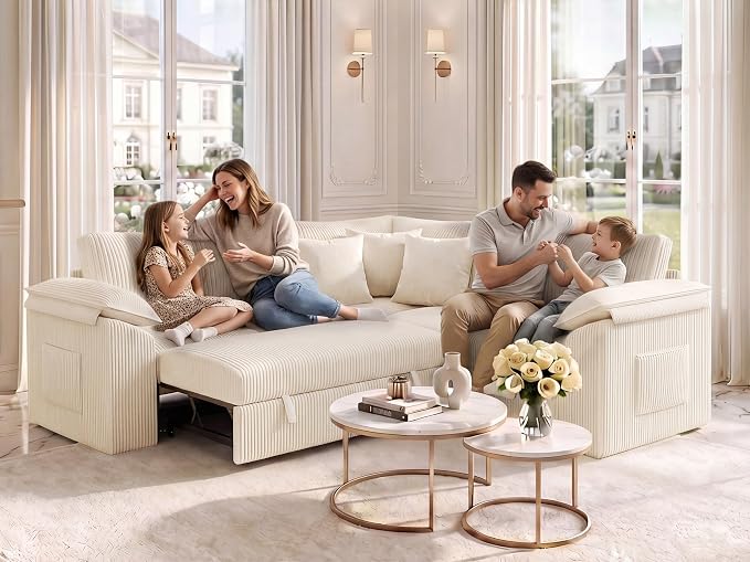 85 Inch Modular Sectional Sofa with Pull Out Couch Bed, L Shaped 5 Seat Sectional Couch with Storage, Corduroy Sectional Couches for Living Room, Cloud Modular Couch, Removable Sofa Cover, Beige